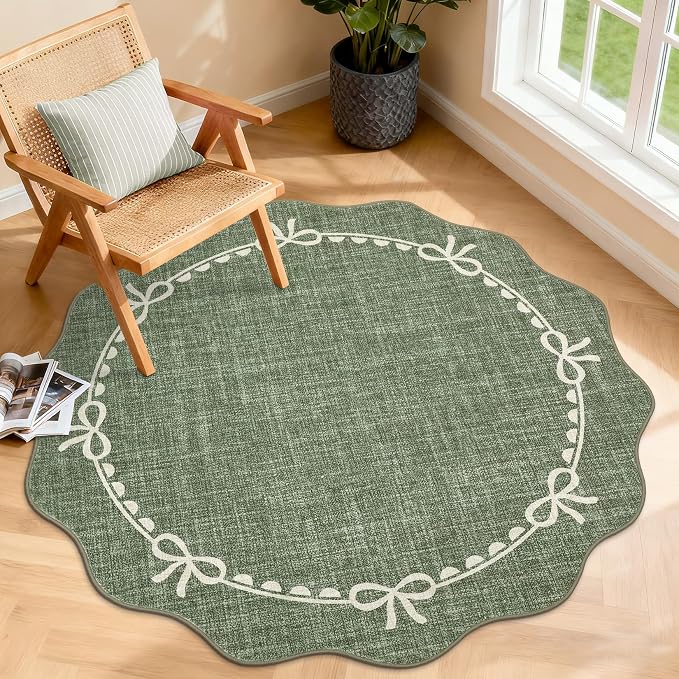 GarveeHome 4ft Round Rugs Washable Scalloped Bow Rug for Bedroom, Green | Non Slip Soft Low Pile Ultra-Thin Stain Resistant Indoor Carpet for Living Room Nursery Girls Dorm Decor Kids Room Playroom