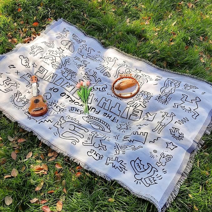 White Picnic Blanket, Extra Large Soft Cotton Gauze Picnic Rug 71"x71", Lightweight Breathable Blanket, Machine Washable for Beach, Camping, Park, Couples (Sketchy Joy - No Straps)