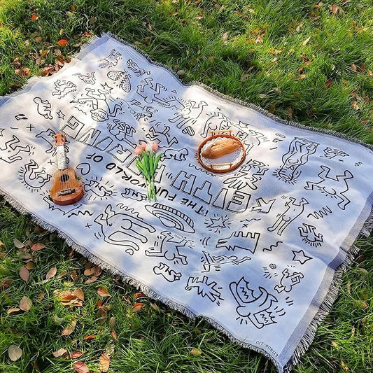 White Picnic Blanket, Extra Large Soft Cotton Gauze Picnic Rug 71"x71", Lightweight Breathable Blanket, Machine Washable for Beach, Camping, Park, Couples (Sketchy Joy - No Straps)