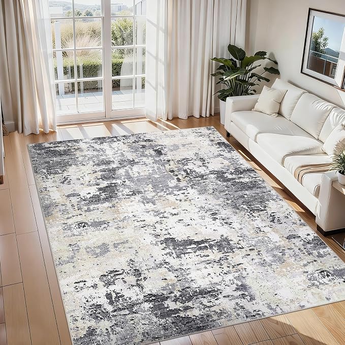 ROYHOME 8x10 Modern Abstract Rug Faux Wool Ultra Soft Rug, Black Yellow | Non Slip Non Shedding Accent Large Rug for Living Room Bedroom Dining Room Office Home