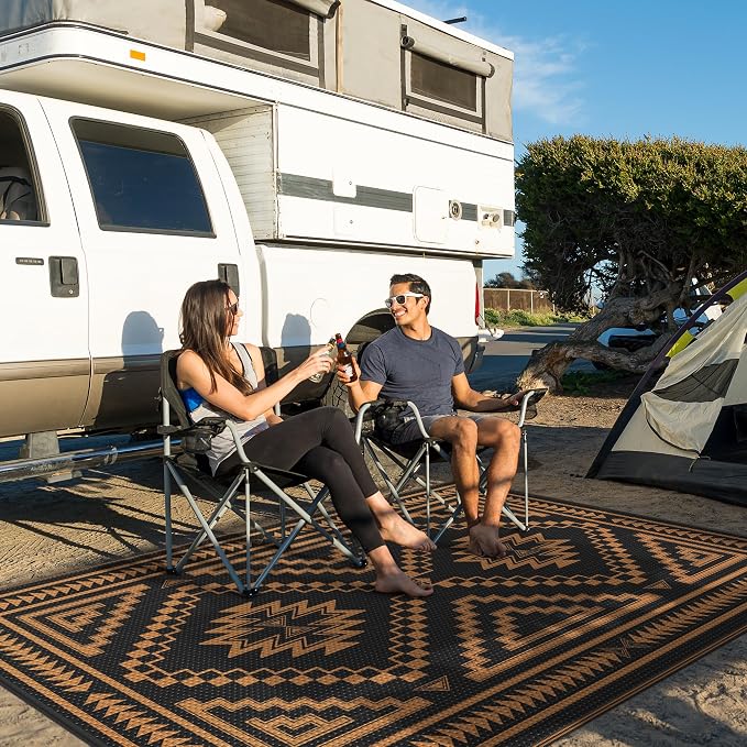 GENIMO Outdoor Rug for Patio Clearance - 5x8 ft Waterproof Plastic Camping Rugs, Reversible Outside Rv Mat Carpet for Porch, Deck, Picnic, Balcony, Beach, Backyard, Black Orange