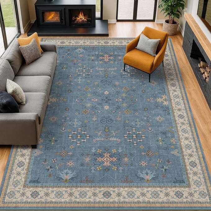 Blue Big Rugs for Living Room - Dusty Blue 10x12 Area Rug for Large Bedroom, Dining Room, Washable Lightweight Foldable Floral Modern Home Décor