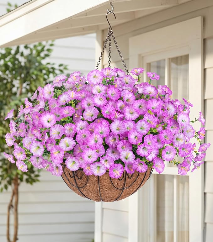 Artificial Fake Hanging Plants Flowers Basket for Outdoors Spring Summer Decoration, UV Resistant Realistic Outdoor Faux Silk Morning Glory in Planter for Outside Porch Patio Balcony Garden Yard Home