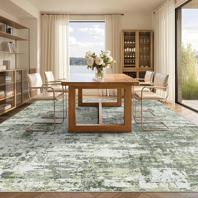 Tortania Area Rug Living Room Rugs - 8x10 Modern Abstract Neutral Large Soft Thin Rugs - Non Slip Indoor Carpet for Bedroom Dining Room Office Nursery Home Floor Decoration - Green