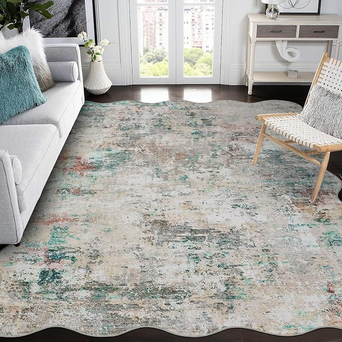 ROYHOME Modern Abstract Scalloped Area Rug 9x12 Non Slip, Colorful | Non Shedding Rug Low Pile Stain Resistant for Bedroom Living Room