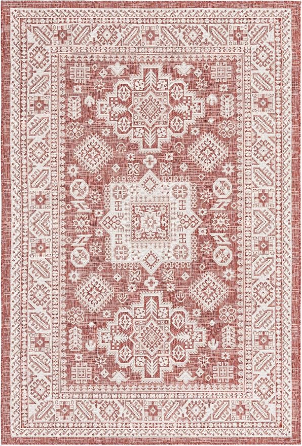 Unique Loom Outdoor Aztec Collection Area Rug - Chalca (5' 3" x 8' Rectangle, Rust Red/ Ivory)