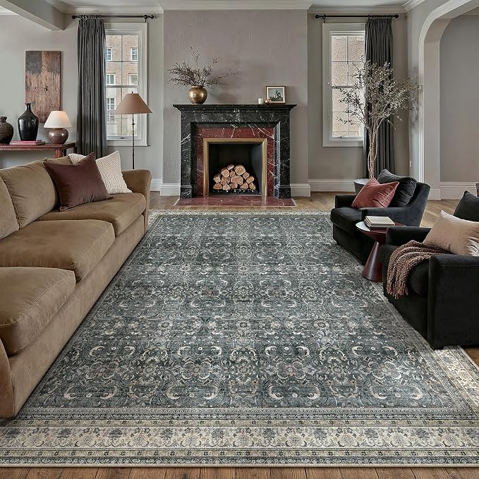 6x9 Black Vintage Distressed Washable Area Rug for Living Room | Low Pile, Non Slip, Retro Style, Soft Distressed Indoor Rug for Living Room, Bedroom, Dining Room, Office, Home Decor