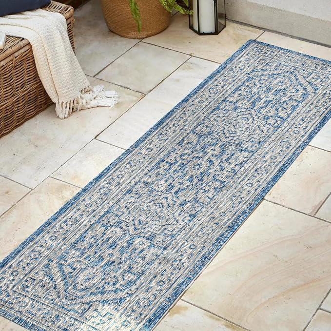 JONATHAN Y Medallion Weave Indoor Outdoor Runner Rug 2X8 Navy/Gray, Sinjuri Textured for Backyard, Patio, Porch, Easy-Cleaning, High Traffic, Pet-Friendly, Non-Shedding (SMB101B-28)