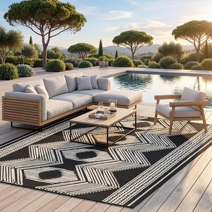 Nuloom Ranya Black/Ivory, 9'6" x 12', Tribal Geometric, Soft and Cozy, High Traffic, Stain Resistant, Easy Clean, Durable Area Rug for Indoor/Outdoor Patio, Deck, Porch, Garden, Courtyard