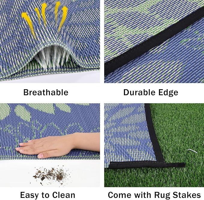 Ileading Waterproof Outdoor Rug 9x12, Reversible Plastic Straw Patio Rug, Portable Indoor Outdoor RV Camping Mat Carpet for Deck, Porch, Balcony, Backyard, Picnic, Floral Navy Blue