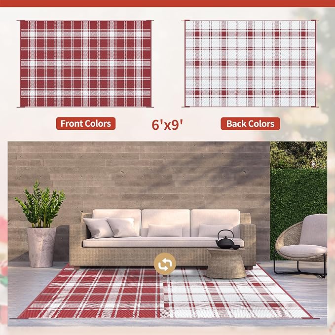 GENIMO Waterproof Outdoor Rug for Patio Clearance, 6'x9' Reversible Plastic Straw Rugs, Lightweight RV Camping Mat for Camper, Balcony, Deck, Backyard, Picnic, Red White Plaid