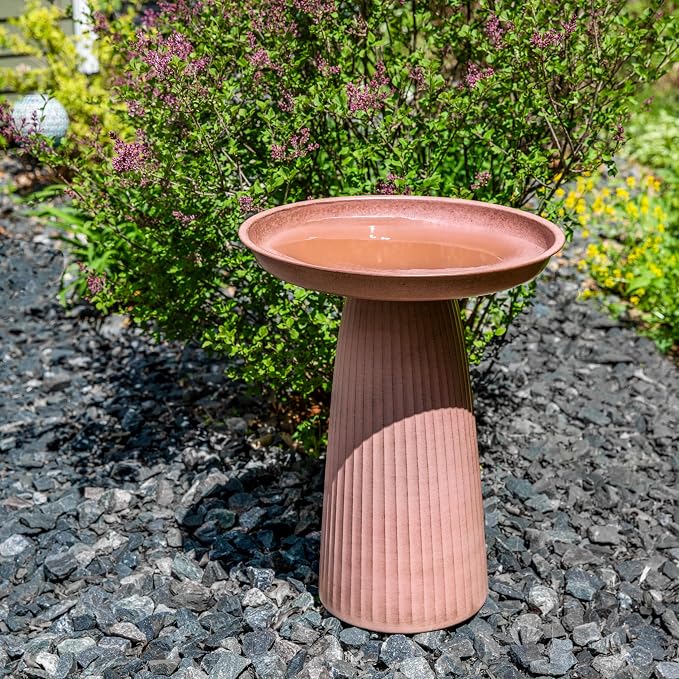 Sunnydaze Gleeful Garden 23" Iron Pedestal Bird Bath for Outside - Modern Shallow Basin Birdbath for Outdoors with UV-Protected Rust-Resistant Finish for Patio, Garden, Yard Decor - Matte Canyon Clay