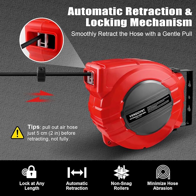 Vkndoynt Retractable Air Hose Reel, 1/4 IN x 50 FT Hybrid Polymer Hose, Auto Rewind, Wall Mount, Dark Gray/Red