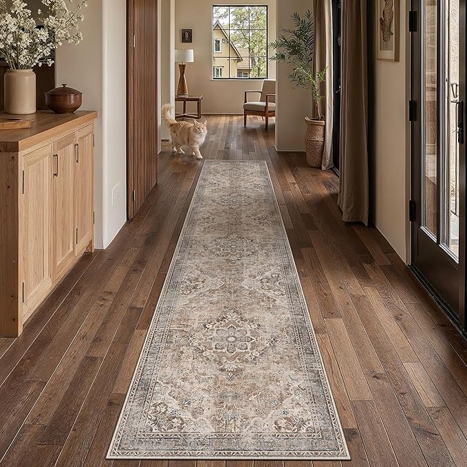 Brown Runner Rug 2x12 Hallway Vintage Floral Non-Slip Carpet | Machine Washable, Soft, Low Pile, Distressed, for Entryway, Kitchen, Laundry Room, Bathroom, Retro Farmhouse Decor