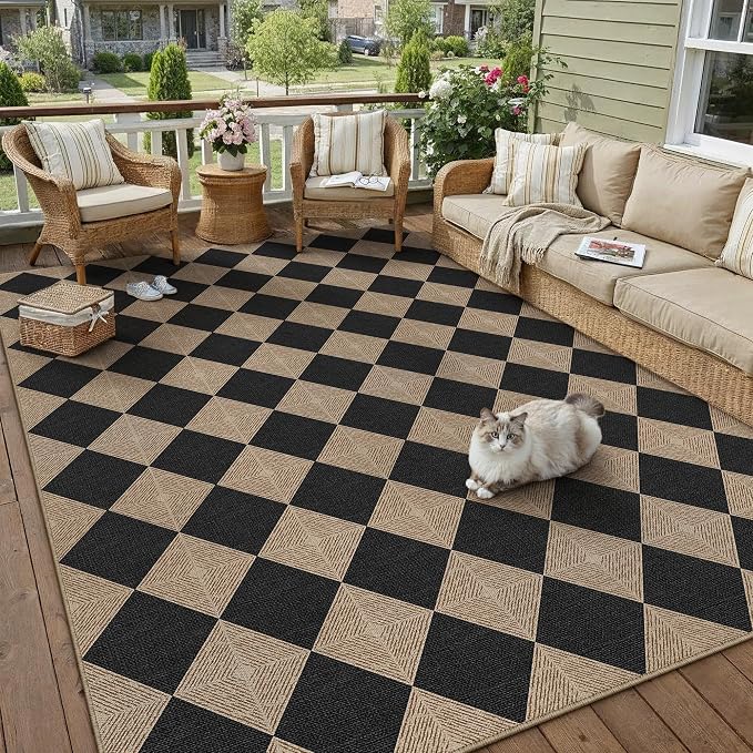 PureCozy 5x7 Checkered Easy Jute Area Rug for Living Room Checkerboard Washable Indoor Outdoor Carpet Farmhouse Patio Office Mat Textured Diamond Non Slip Black Carpet for Backyard Dining Room