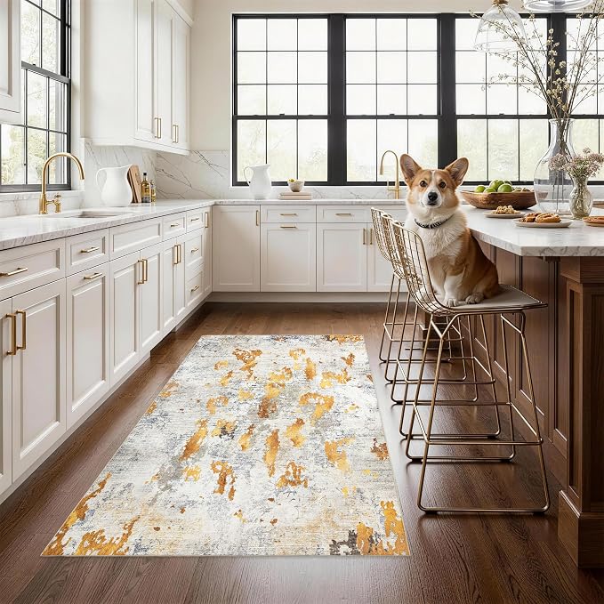 Washable Area Rug 3x5: Modern Small Rugs and Mats for Entryway Kitchen Bathroom Bedroom Indoor - Non-Slip Stain Resistant Thin Low Pile - Orange Gold Grey