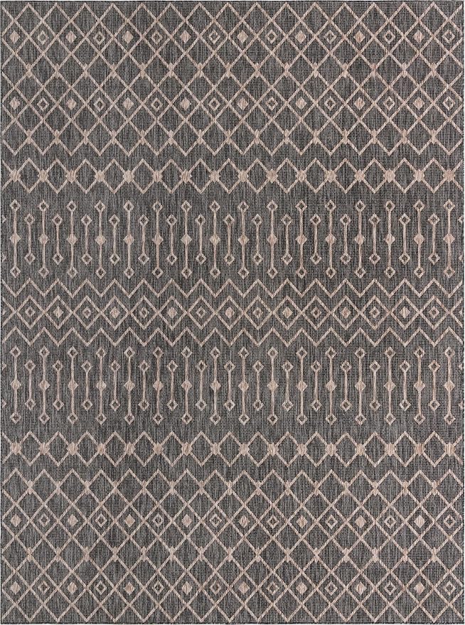 Unique Loom Outdoor Trellis Collection Area Rug - Tribal Trellis (10' x 13' 1" Rectangle, Charcoal Gray/ Natural)