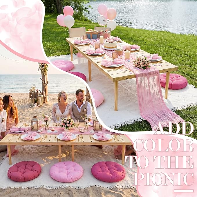 Beeveer 91 x 71'' Extra Large Outdoor Picnic Blanket with Pink Table Runner 6 Napkins and 6 Pink Floor Pillows Cushions for Picnic Party Camping Wedding Bachelorette Birthday Baby Shower Decor