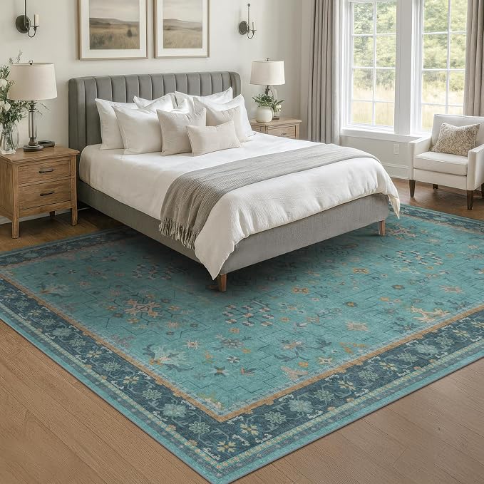 Boho Teal 7x9 Soft Rugs for Living Room, Washable Turquoise Rug for Bedroom Under Bed, Vintage Non Slip Floral Dining Room Carpet, Low Pile Soft Fade Resistant