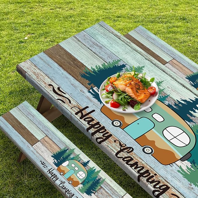 Picnic Table Cover with Bench Covers Elastic Edges, Green Camper Fitted Table Cover, Outdoor Patio Camping Essentials 72 Inch 3PCS, Waterproof Camping Fitted Tablecloth with Drawstring Bag