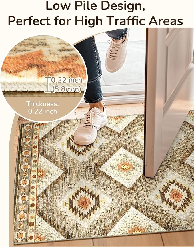 7'x9' Washable Area Rug for Living Room Bedroom Cream/Camel | Soft Western No Slip Low Pile Print Foldable Indoor for Kitchen Dining Room