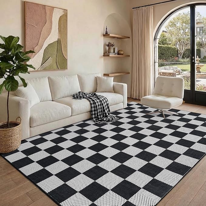 GarveeHome Checkered Black and White 2x3 Washable Rug Low-Pile Door Mat | Small Black and White Soft Stain Resistant Rug for Entryway Bedroom Bathroom Kitchen Non-Slip TPE Backing