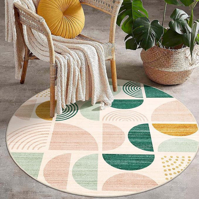 Round Rug 4ft Small Circle Area Rug Washable Non Slip Modern Abstract | Circular Rugs for Entryway Bedroom Kitchen Boho Throw Carpet Soft Low Pile Floor Indoor Bohemian Sage Green