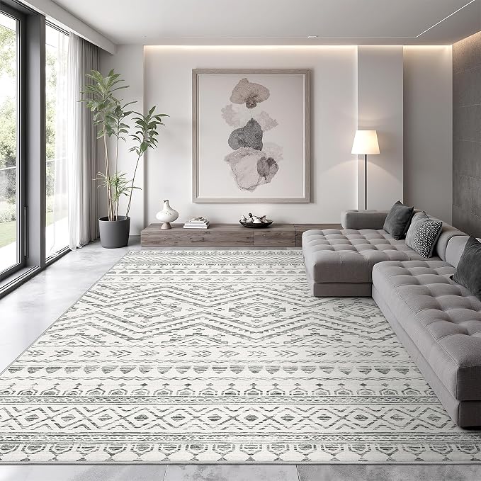 Miukiki 9x12 Area Rug for Living Room, Washable Non Slip Moroccan Rug Grey | Large Soft Rug for Kitchen Bedroom Dining Room Office, Low Pile Indoor Floor Carpet Home Decor 9'x12'