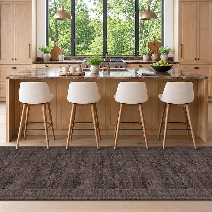 Machine Washable 2'6"x10' Runner Rug for Hallway, Kitchen & Entryway, Dark Taupe Brown Low Pile Long Runner Carpet, Eclectic Vintage Distressed Geometric Design, Anti-Slip Backing, Stain Resistant