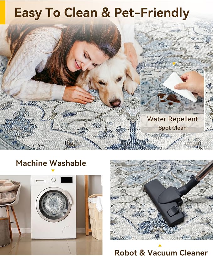 RELEANY Washable Area Rug, Round 8ft, Blue/White/Gray | Non-Slip, Water Repellent, Pet Friendly, Easy to Clean, Vintage Floral Boho Decor for Living Room Bedroom Dining Room