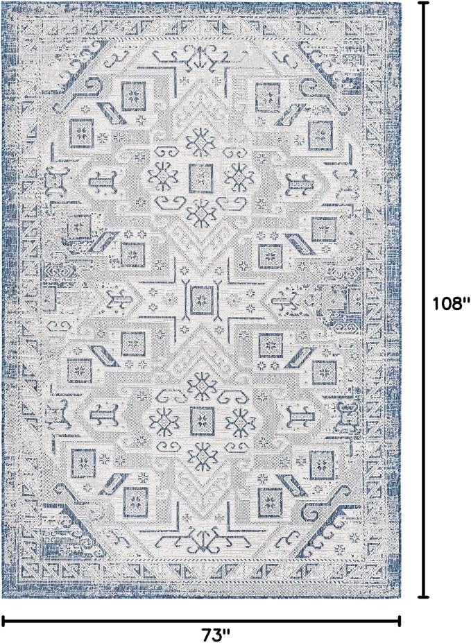 Unique Loom Outdoor Aztec Collection Area Rug - Coba (6' 1" x 9' Rectangle, Blue/ Ivory)