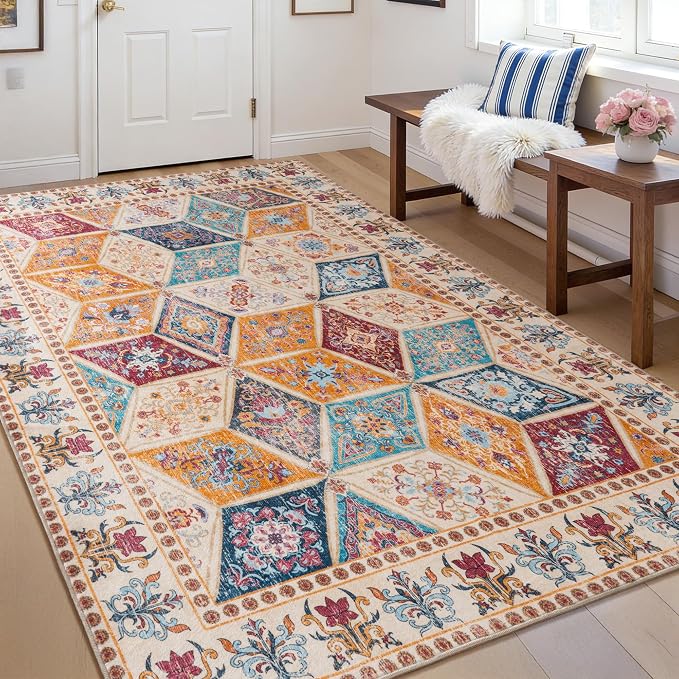 Moroccan Boho Floral Geometric Patchwork Washable 6x9 Large Area Rug | Vintage Distressed Non Slip Throw Carpet for Bedroom Livingroom Kitchen Hallway Entryway Office Dining Room Docer, Cream