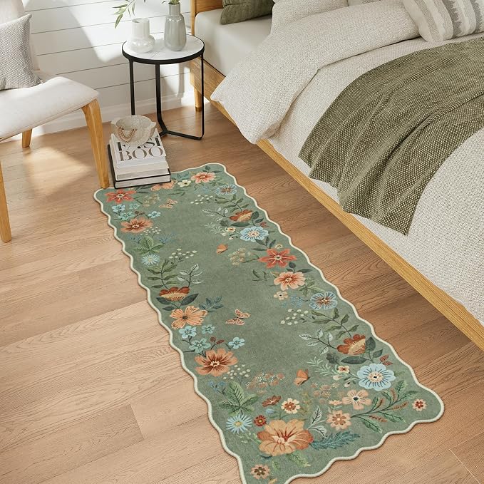 Lahome Floral Washable Runners for Hallways, 2x5 Kitchen Runner Non-Slip | Scalloped Ultra-Thin Non-Slip Soft Hallway Rug Boho Carpet for Laundry Bathroom Bedroom Flore (2x5ft, Green)