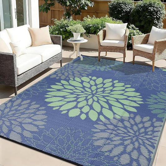 Ileading Waterproof Outdoor Rug 6x9, Reversible Plastic Straw Patio Rug, Portable Indoor Outdoor RV Camping Mat Carpet for Deck, Porch, Balcony, Backyard, Picnic, Floral Navy Blue
