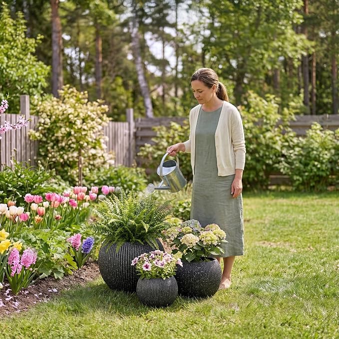 DTY Premium Mt Sherman Fiberstone Sphere Planter for Indoor Outdoor Use, Round Pot for Olive Tree, Lightweight, Smooth Finishes. 2 Coco Mats. Ribbed Black, Medium 16.1'' D x 13.6'' H 11.8” Pot Opening