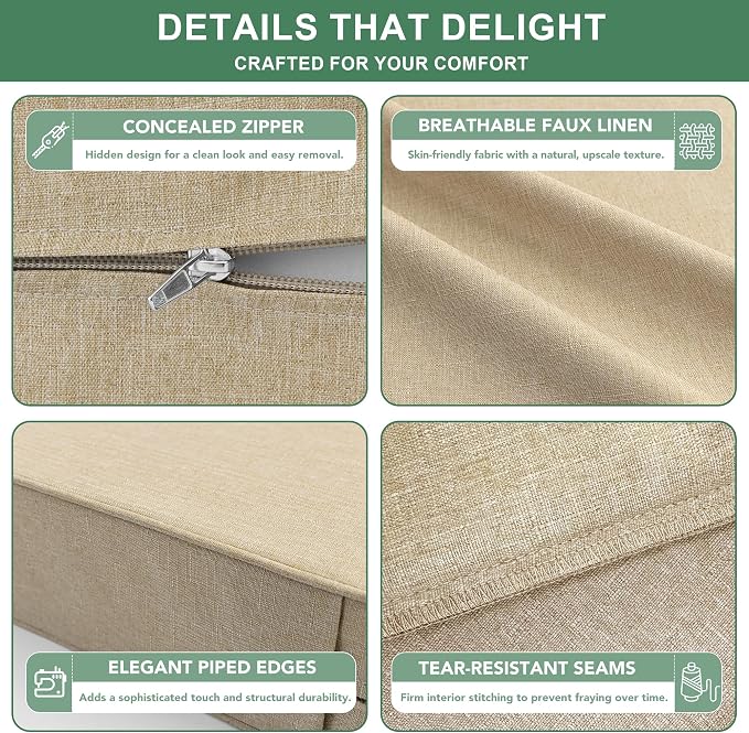 Summsun Outdoor Chair Cushions Set of 4, Faux Linen Patio Furniture Cushions, Water Resistant Backrest and Deep Seat Cushion Set with Ties, Removable Cover, Non-Slip Bottom, 24 x 24 Inch, Nature