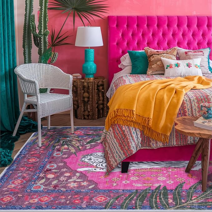 4x6 FT Leopard Rug for Living Room Hot Pink Leopard Vintage Animal Rug Aesthetic Pink Rugs for Girls Room Nursery Bedroom Home Office Dorm Thin Bright Magenta Carpet (Hot Pink, 4X6 FT)
