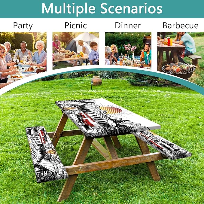 Picnic Table and Bench Covers Set Camping Essentials - Waterproof Windproof Vintage Camper Tablecloth, Camping Accessories with Drawstring Bag Fits Standard Rectangle Tables for Picnic, 30X60 inch