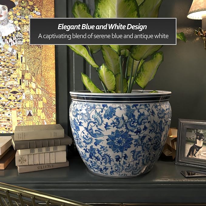 Red Lantern Large 20" Porcelain Fishbowl Blue & White Floral Planter or Cachepot for Indoor/Outdoor Use in Garden Entryway Living Room Boho Eclectic Modern Contemporary Classic Traditional Style Decor
