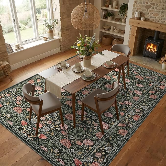 GarveeHome Dark Green Floral 8x10 Area Rugs for Living Room Bedroom | Large Washable Dinning Room Dorm Office Rug Vintage Boho Rugs Low-Pile Non-Slip Stain Resistant TPE Backing