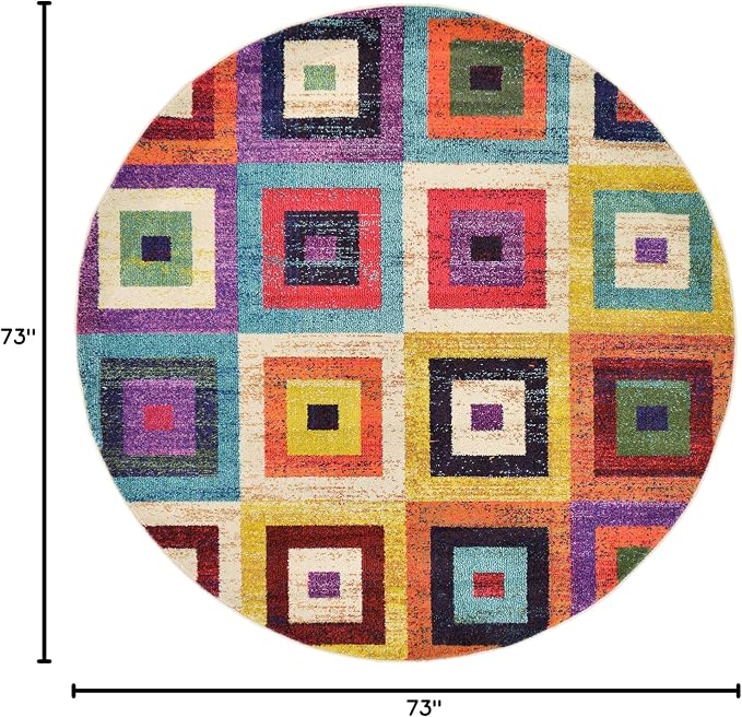 Unique Loom Estrella Collection Colorful, Geometric, Squares Modern, Abstract Area Rug (6' 0 x 6' 0 Round, Multi/Beige)