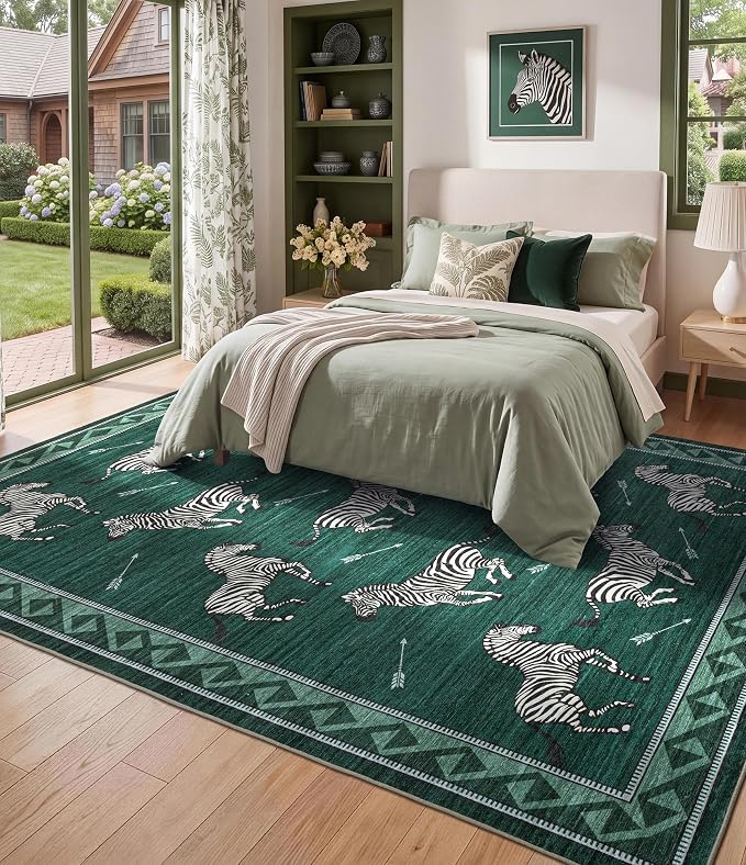 YIHOUSE Green Zebra Area Rugs 6×9, Washable Animal Print Rug with Southwestern Border, Non-Slip Low Pile Mid-Century Modern Carpet for Living Room, Bedroom, Dining Room
