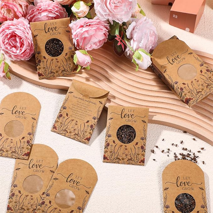 Fumete 100 Pcs Let Love Grow Seed Packets Cool Wedding Favors for Guests Kraft Envelope Kraft Bag with Window Flower Resealable Seed Storage Packets for Wedding Party Favors Bridal Shower