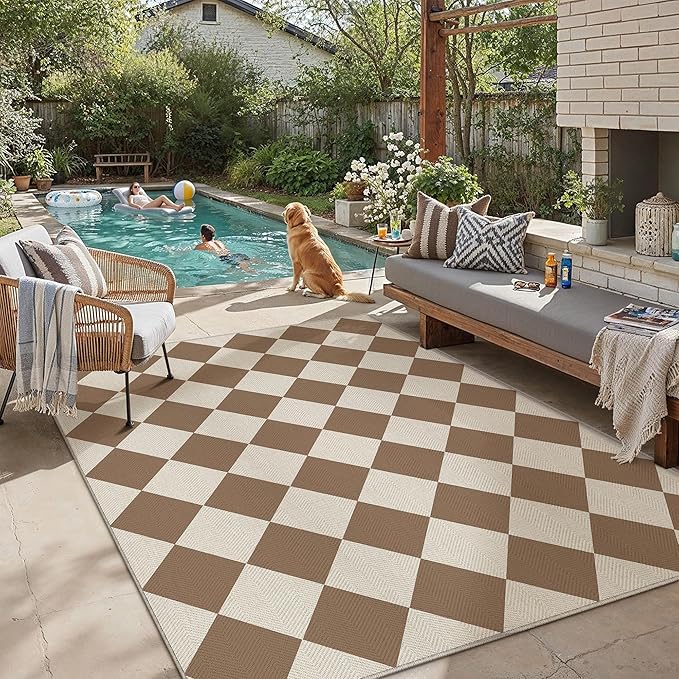 PureCozy 5x7 Checkered Chevron Pattern Area Rug for Living Room Checkerboard Washable Indoor Outdoor Carpet Farmhouse Patio Office Mat Geometric Non Slip Brown Carpet for Backyard Dining Room