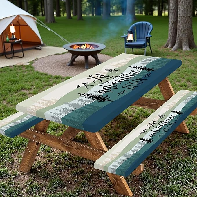 Picnic Table Cover with Bench Covers, Rectangle Tables, Waterproof Elastic Fitted Tablecloths for 6 Foot, Washable Tablecloth for Camping, Outdoor (Green, 30"x72")