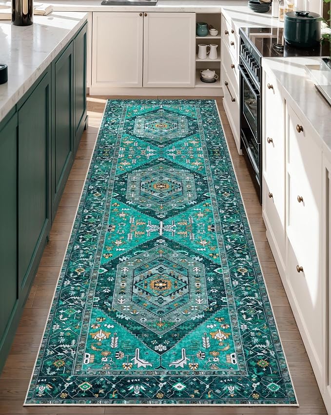 SERISSA 2'6"x8' Washable Non Slip Boho Runner Rug for Hallway，Teal | Ultra Soft Vintage Oriental Carpet Low-Pile Distressed Tribal Floor Carpet for Kitchen Bedroom Bathroom Laundry Room