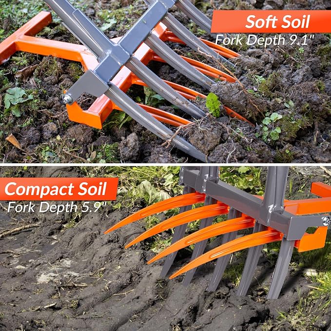 Walensee Broadfork Garden Tool, 9 Tines Heavy Duty Broad Fork Hand Tiller, 2-in-1 Garden Pitchfork with Ergonomic U-Shaped Handle, Spading Digging Fork for Gardening, Cultivating