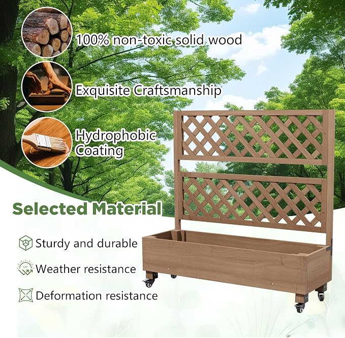 Raised Garden Bed with Wheels Outdoor, Large Garden Planter Box Tomato Flower Pots Cages with Standing Diamond Lattice Trellis for Vegetables Vines Herbs Fruits & Climbing Plants (Rhombic Grid))