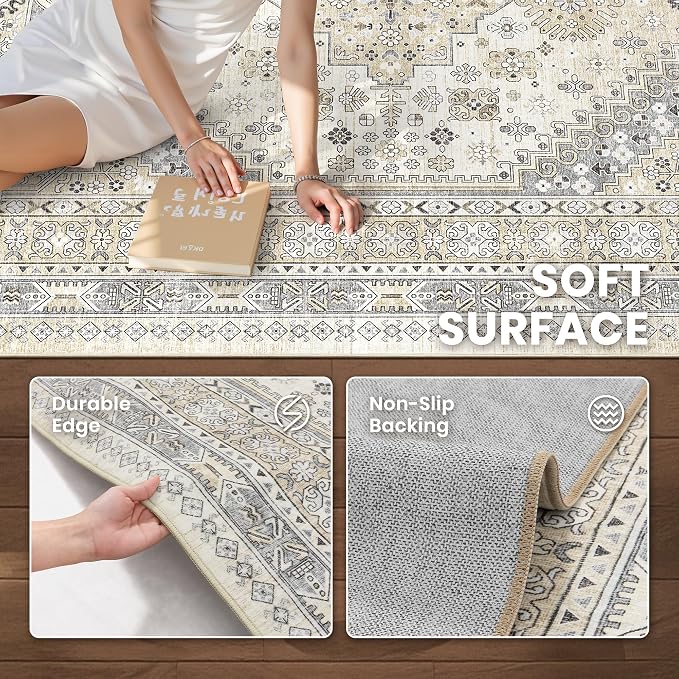 Round Rug 6ft,Circle Rug for Dining Room Table,Beige | Washable Rugs for Kitchen,Entryway,Bedroom,Dining Room,Nursery Room,Thin,Soft Runner Rug,Stain Resistant Indoor Carpet