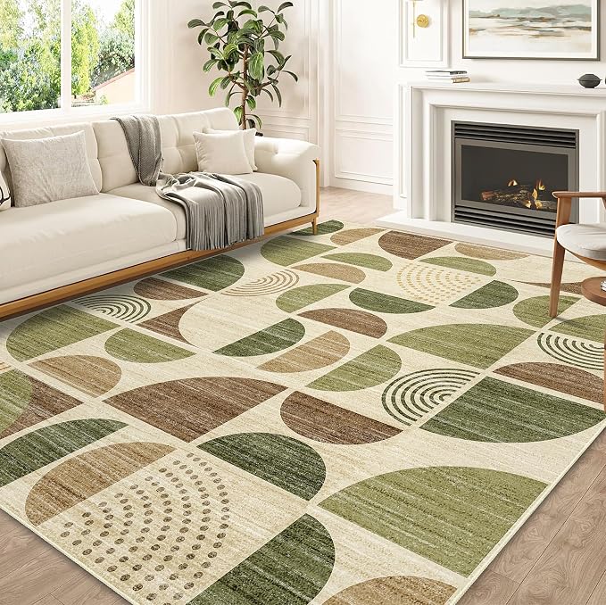 Washable Rug 8x10,Large Area Rugs Non Slip Modern Abstract | Throw Carpet for Living Room Bedroom Bedside Dining Room Boho Soft Low Pile Floor Indoor Bohemian Vintage Green and Brown